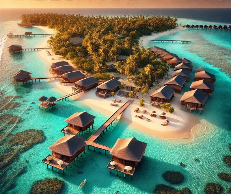 A beautiful Maldives resort featuring overwater bungalows, pristine beaches, and clear turquoise waters